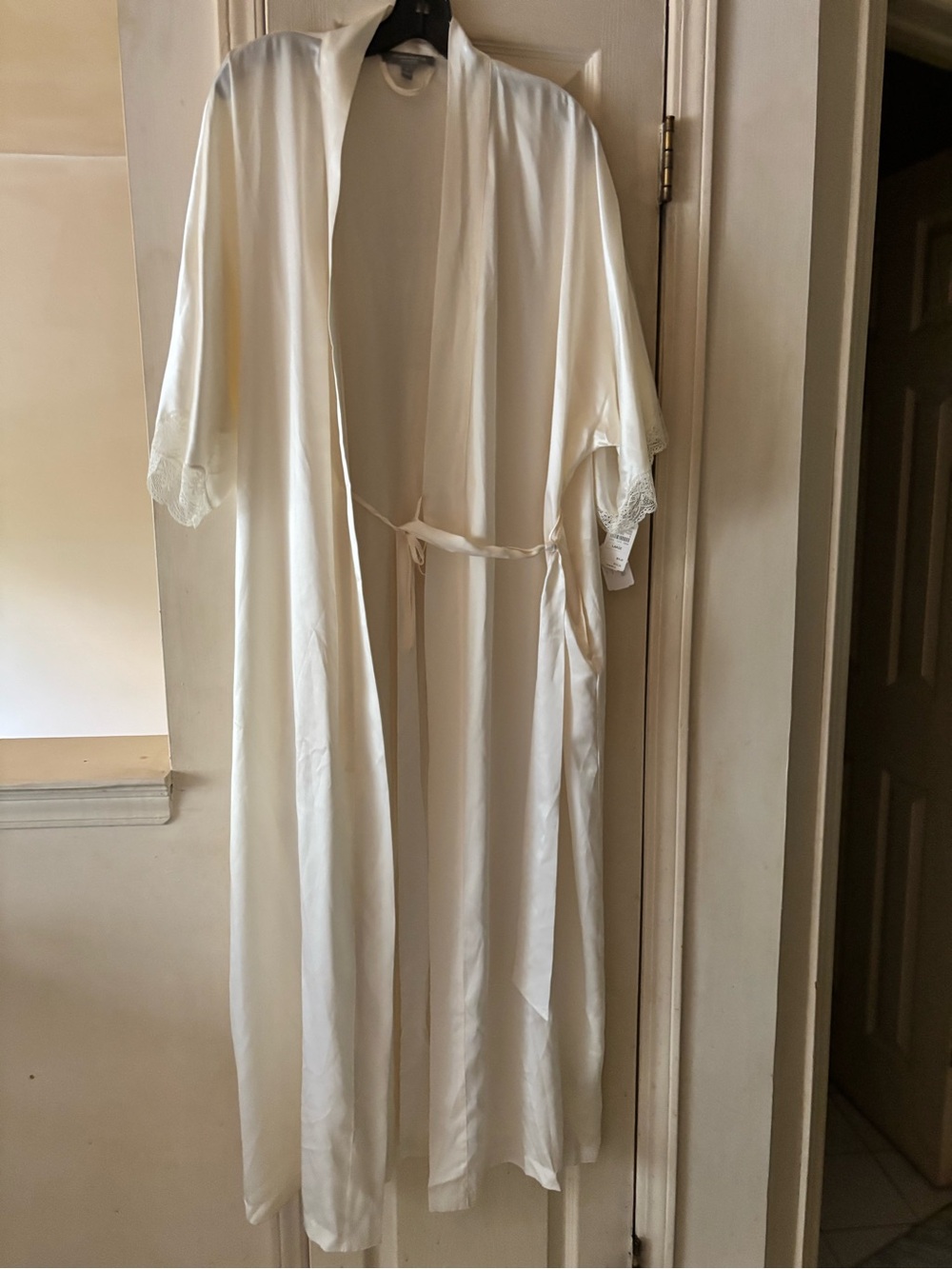 Long Ivory 100% silk Satin Robe with Lace Trim